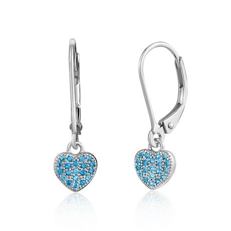 Unicornj Children's Tweens Sterling Silver 925 Light Blue Cubic Zirconia Pave Heart Dangle Leverback Earrings