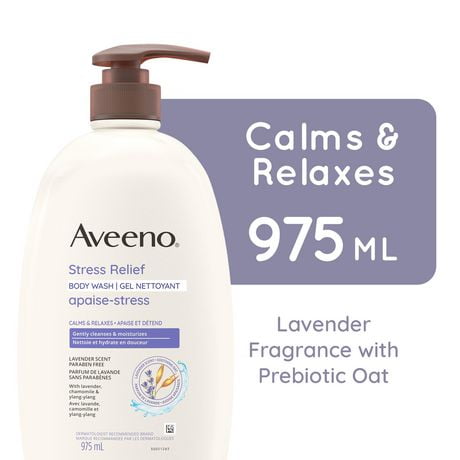 Aveeno Stress Relief Body Wash, Lavender, Chamomile, Ylang Ylang Oil, Oat, Skin Cleanser, 975 mL