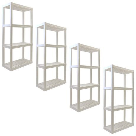 Hyper Tough 56"H x 14"D x 30"W 4 Shelf Plastic Garage Shelves, Pack of 4 Storage Shelving Unit, White-400 Lbs Capacity