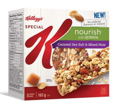 SPECIAL K NOURISH* BARS Special K cereal bars have about g of fat, less than 1 g of protein, and 18 g of carbohydrate, including 3 g of fiber and 8 g of sugar. Of the g of fat, 1 g is saturated fat, which is the type of fat that is associated with heart disease, but it is in a small amount.