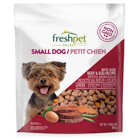 Freshpet Select Grain Free Small Dog Beef Recipe, Beef & Egg Roasted Meal in bite-sized pieces