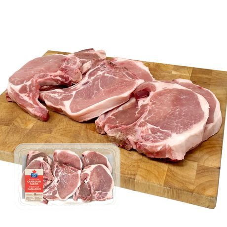 Côtelettes de porc avec os fraîches - Emballage assorti Coupe du centre et surlonge Maple Leaf, 1 Surlonge, 2 BOUT DE Côtes, 3 Centres, 0,90 - 1,50 kg