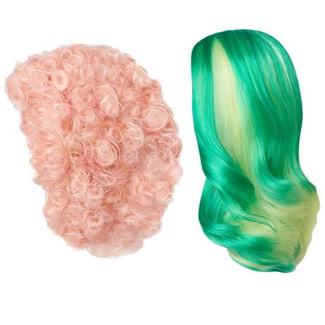 ​Creatable World, 2-Pack Wig Set, Green Wig with Yellow Highlights and Pink Curly Hair