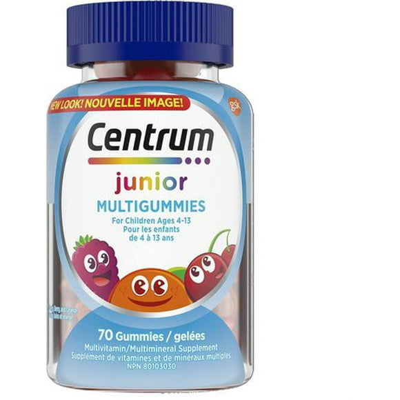Supplément complet de vitamines et de minéraux Centrum Junior MultiGummies, saveurs de cerise, baies et orange, 70 gelées 70 gelées