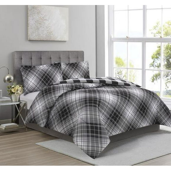 3 Pieces Comforter Set Bias Plaid Charcoal