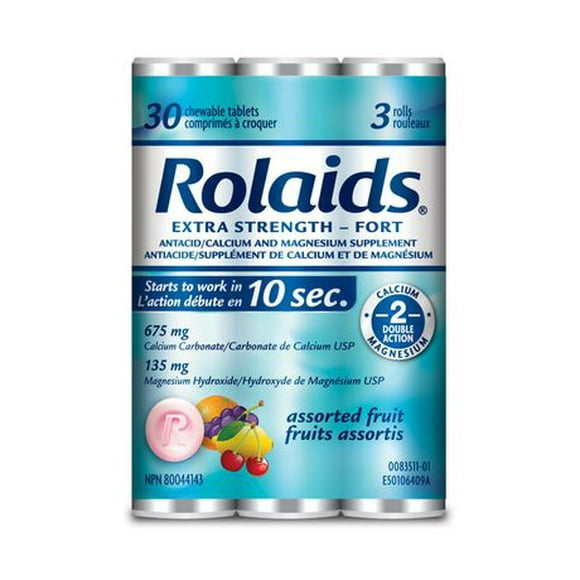 Rolaids Extra Strength Antacid, Fruit Flavour, 3x10 Count, Fast & Effective Relief of Heartburn, 3x10 Tablets