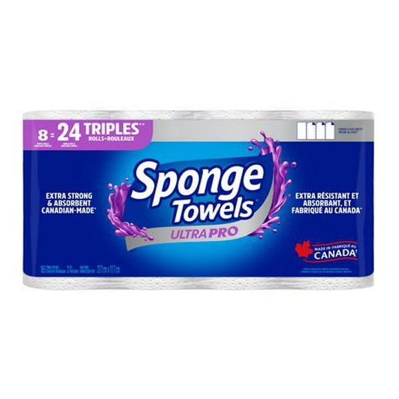 SpongeTowels UltraPRO Ultra Strong & Absorbent Paper Towel, Choose-A-Size® Sheets, 8 Triple Rolls = 24 Regular Rolls, 8 Triple Rolls = 24 Rolls