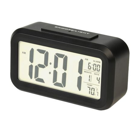 Réveil portatif RCA avec capteur de veilleuse automatique, température et calendrier - Noir