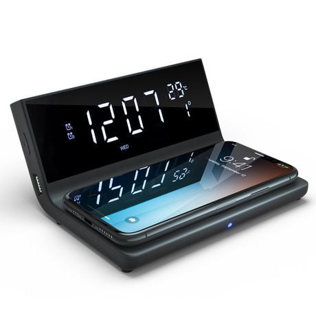 Réveil numérique à charge sans fil Westclox avec port USB et grand écran LED avec jour, date et température