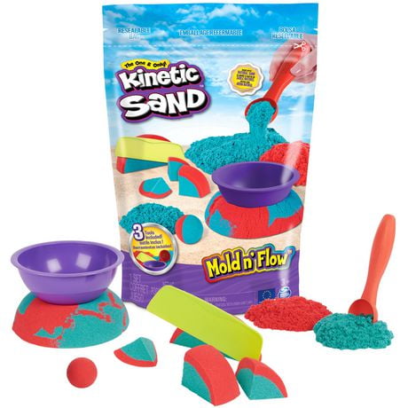 Kinetic Sand Mold n’ Flow, 1.5 Red and Teal Play Sand, 3 Tools Sensory Toys for Kids Ages 3+, Play Sand