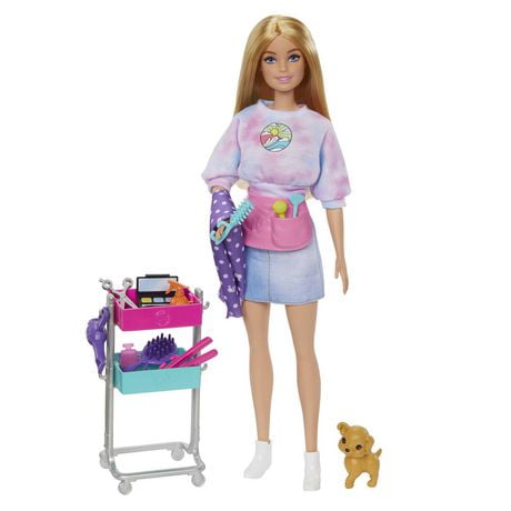 Barbie “Malibu” Stylist Doll & 14 Accessories Playset, Hair & Makeup Theme with Puppy & Styling Cart, Ages 3+
