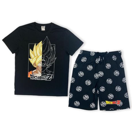 Dragon Ball Z Mens pj set. This pyjama set for men consists of a short sleeve crew neck tee shirt and knee length shorts with elastic waist band and drawstring and, Sizes S to XXL