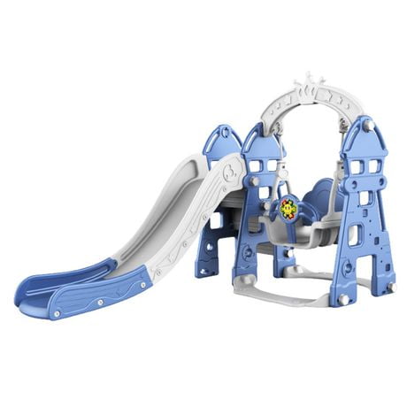 KidsVIP Luxury 5 in 1 Castle Edition Playset Toddlers and Baby Slide with Full Step, Swing, Basket Ball Net- Blue