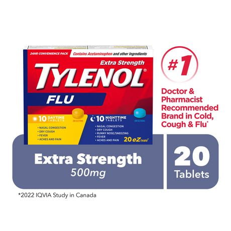 TYLENOL® Extra fort, Grippe, Duo pratique Jour/Nuit, soulage les symptômes de grippe, 20 comprimés FaciliT 20 unités