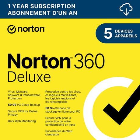 Norton 360 Deluxe logiciel antivirus pour 5 appareils abonnement d'un an téléchargem