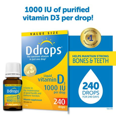 Supplément vitaminique de vitamine liquide D3 de Ddropsᴹᴰ, 1000 UI format économique 7 mL, 240 gouttes