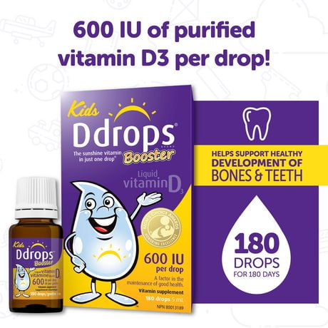 Supplément vitaminique de vitamine liquide D3 Booster de Ddropsᴹᴰ, 600 UI 5 ml, 180 gouttes