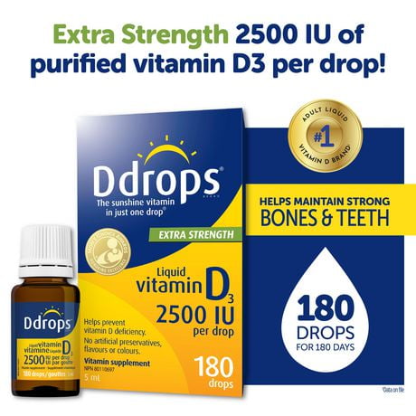 Supplement vitaminique de vitamine liquide D3 extra-forte de Ddropsᴹᴰ, 2500 UI 5 ml, 180 gouttes