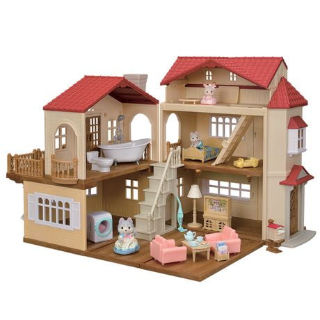 Calico Critters Maison de campagne au toit rouge, maison de poupée avec figurines, meubles et accessoires Maison de poupées