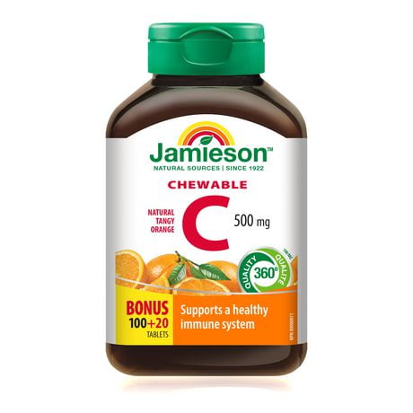 Jamieson Chewable Vitamin C 500 mg Tangy Orange Flavour, 100+20 chewable tablets