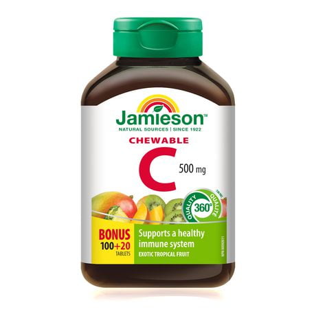 Jamieson Chewable Vitamin C 500 mg Tropical Fruit Flavour, 100+20 chewable tablets