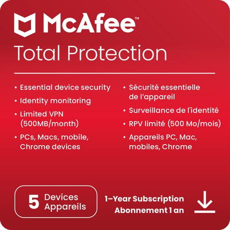 McAfee Appareil Total Protection 5 (Windows/Mac/Android/iOS) - Abonnement d'Un An [Code Numérique]