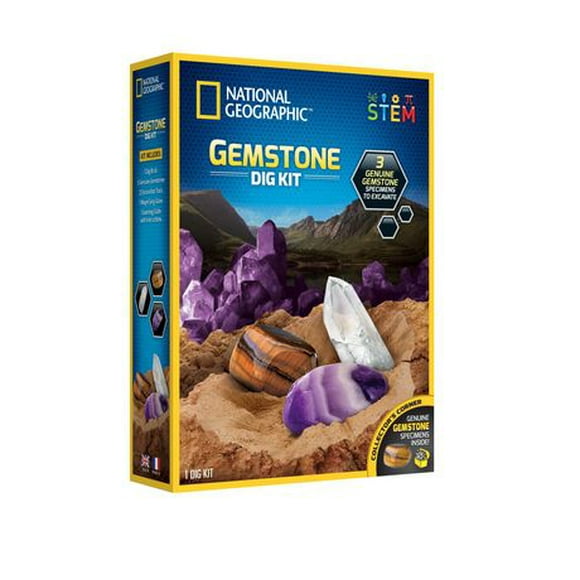 National Geographic Gemstone Dig Kit with 3 Genuine Gemstones, STEM Series, Unisex Ages 8 and up, Gemstone Geology Dig Kit