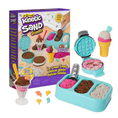 Kinetic Sand Scents, Coffret Ice Cream Treats contenant 3 couleurs de sable parfumé entièrement naturel et 6 outils de service Coffret de jeu Parfums de sable cinétique