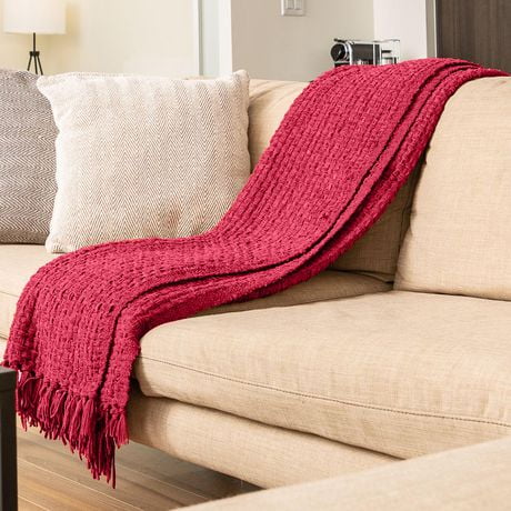 Chenille Basket weave Knit Throw with Fringe, Lightweight Breathable Chenille Blanket for Couch, Chair, Bed, Outdoor Use