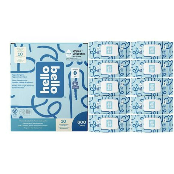 Hello Bello Hypoallergenic Baby Wipes Fragrance Free 10X Resealable packs, 600 count