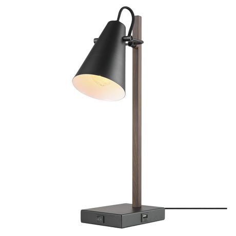 Lampe de bureau de 18 po Nash, noir mat, bras en similibois, port USB de 2,1 A, interrupteur à bascule sur la base