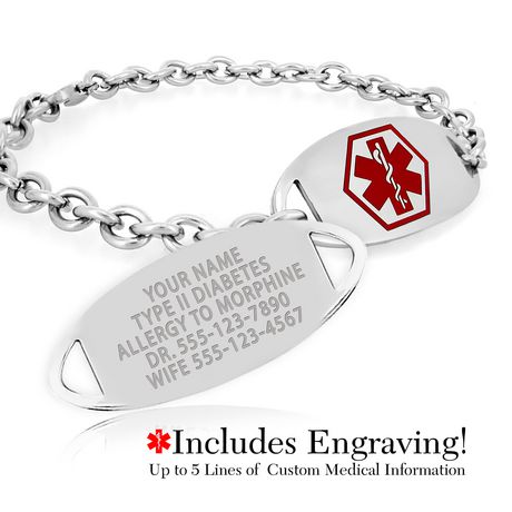 Steel Red Enamel Tag Engraving Incl. MedicEngraved Customized Leather Medical ID Bracelet w/ 316L St 