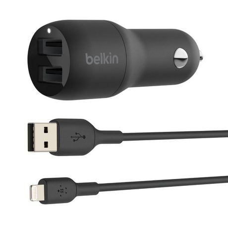Belkin 24 Watt Dual USB Car Charger - 2 12W USB A Ports with Lightning Cable - Fast Charging Apple iPhone 14, 14 Pro, 14 Pro Max, iPhone 13, 13 Pro Max, Samsung Galaxy, AirPods & More - USB-C Charger, BELKIN DUAL LTG CR CHRG