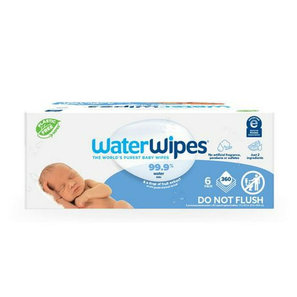 WaterWipes Plastic-Free Original Baby Wipes, 99.9% Water Based Wipes, Unscented, Fragrance-Free & Hypoallergenic for Sensitive Skin, 360 Count (6 pack), Packaging May Vary