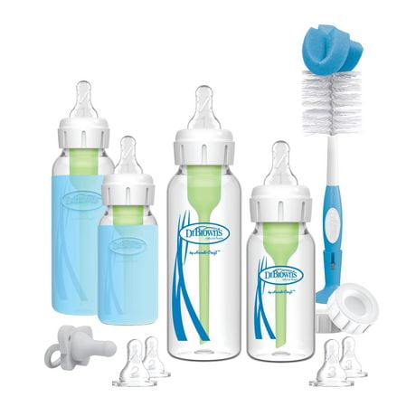 Dr. Brown’s® Natural Flow Anti-Colic Options+ Narrow Glass Baby Bottle Starter Set with Silicone Glass Bottle Sleeves, Baby Bottle Brush and Soft 100% Silicone HappyPaci™ Pacifier for Newborns, 4 oz and 8oz