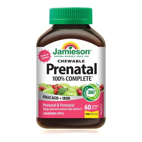 Jamieson 100% Complete Chewable Prenatal Multivitamin Cranberry Apple Flavour, 60 Tablets