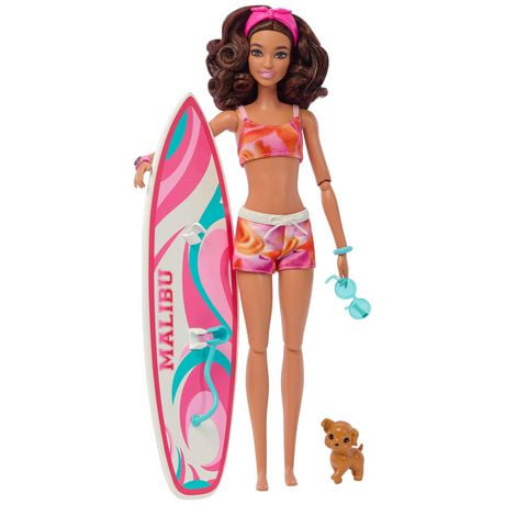 Barbie– Plage – Poupée brunette articulée, planche de surf et chiot