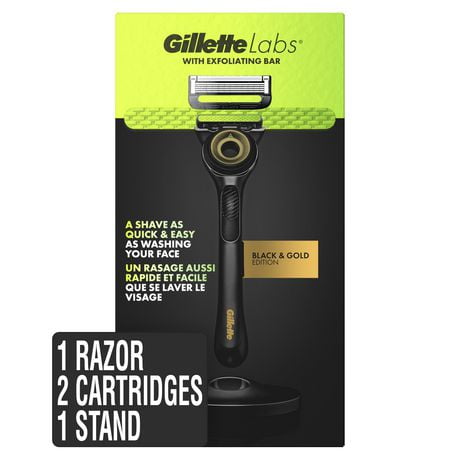 GilletteLabs with Exfoliating Bar by Gillette Razor for Men, Gold Edition - Includes Premium Magnetic Stand, 1 Handle, 2 Razor Blade Refills,