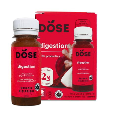 Shots Digestion gingembre et probiotiques DOSE Paquet de 4, 4 bouteilles de 60 mL