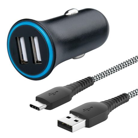 onn. 2.4 Amp Dual-Port Car Charging Kit with 3 FT. USB to USB-C Cable ...