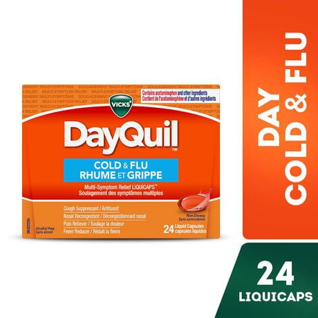 Vicks DayQuil Cold and Flu Medicine, Daytime, Non-Drowsy Relief for Cough, Sore Throat Pain, Fever, Congestion, 24 LiquiCaps