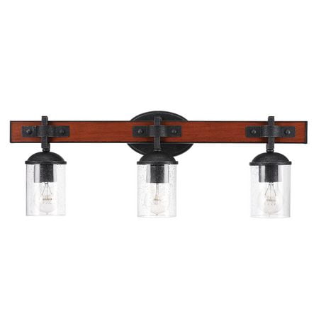 Globe Electric Kingston 3-Light Vanity Light, Dark Faux Wood, Galvanized Metal Accents, Clear Seeded Glass Shade, 51854