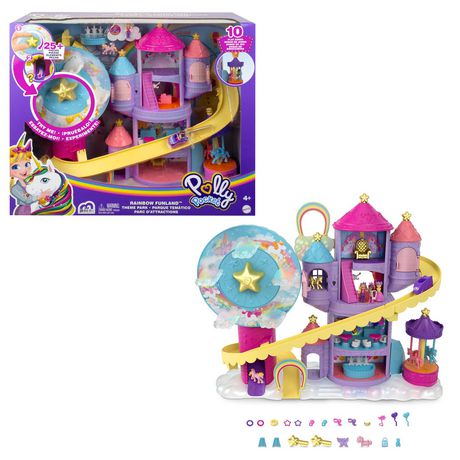 Polly Pocket Rainbow Funland Theme Park Playset, 3 Rides, 7 Play Areas, 2 Dolls, 2 Unicorns & 25 Surprises (30...