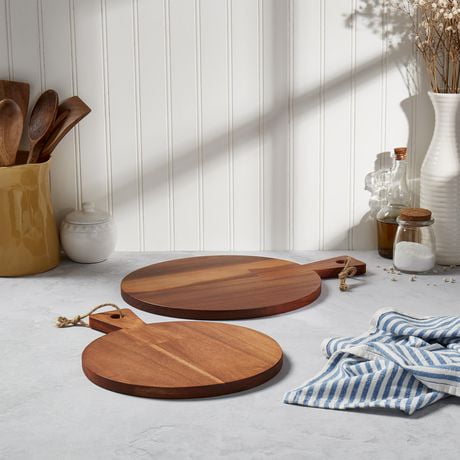 Down to Earth Set of 2 Round Acacia Wood Paddle Serve Boards