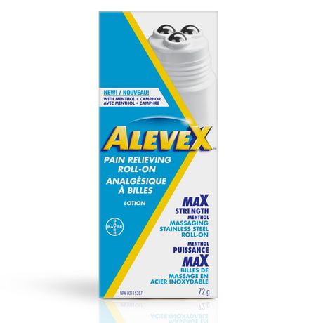 Lotion anti-douleur topique AleveX - Pour les douleurs musculaires et articulaires, les maux de dos et le soulagement des douleurs arthritiques, contient du menthol rafraîchissant de force maximale avec du camphre, avec applicateur à bille massante 72g