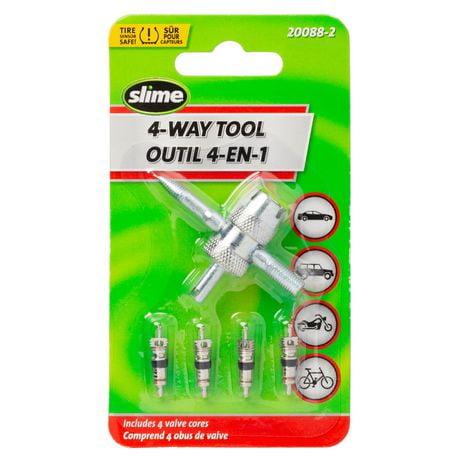Slime 4-Way Tire Valve Tool, with 4 valve cores