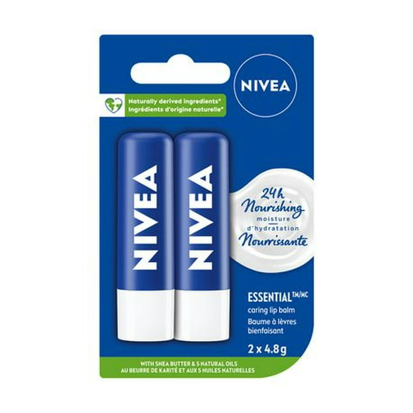NIVEA Essential Lip Balm, 24H Hydration, 2 x 4.8 g