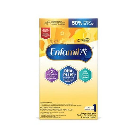 Enfamil A+, Baby Formula, Value Pack, Powder Refill, DHA (a type of Omega-3 fat) to help support brain development, Age 0-12 months, 992g, 2 x 496g