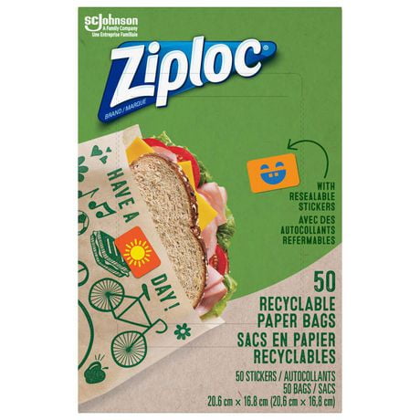 Ziploc Sacs à sandwich et à collation en papier, Recyclables et refermables,avec dessins amusants, Emballage de 50 50 sacs