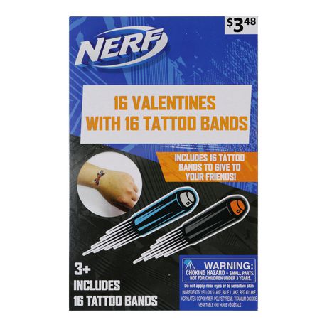 Valentines Day Cards Nerf with 16 Tattoo Bands Box of 16 